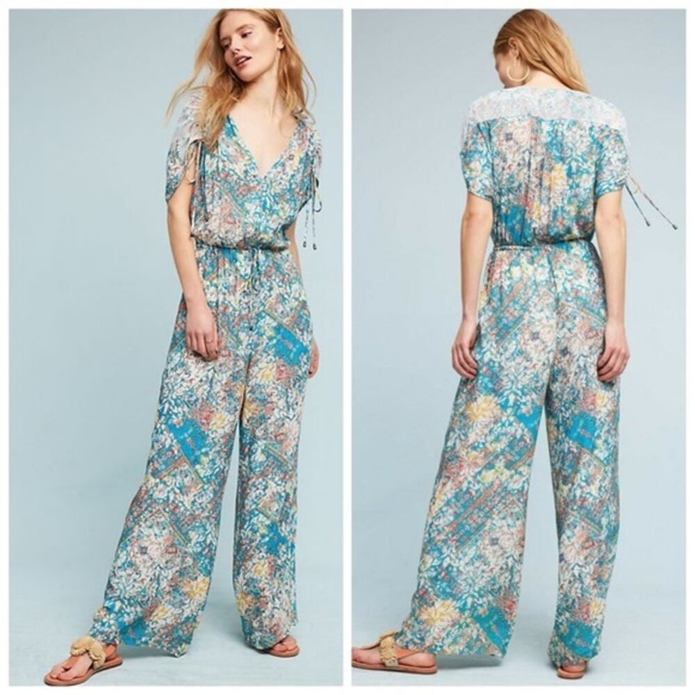 Anthropologie Elevenses Zula Floral Lotus Lace Wide Leg Jumpsuit